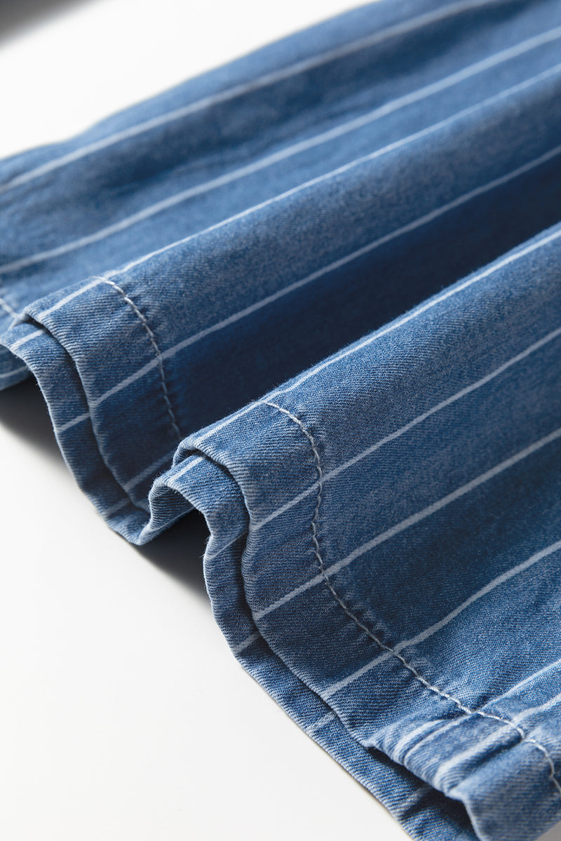 Stripe Chambray Wide Leg Tied Elastic Waist Trousers