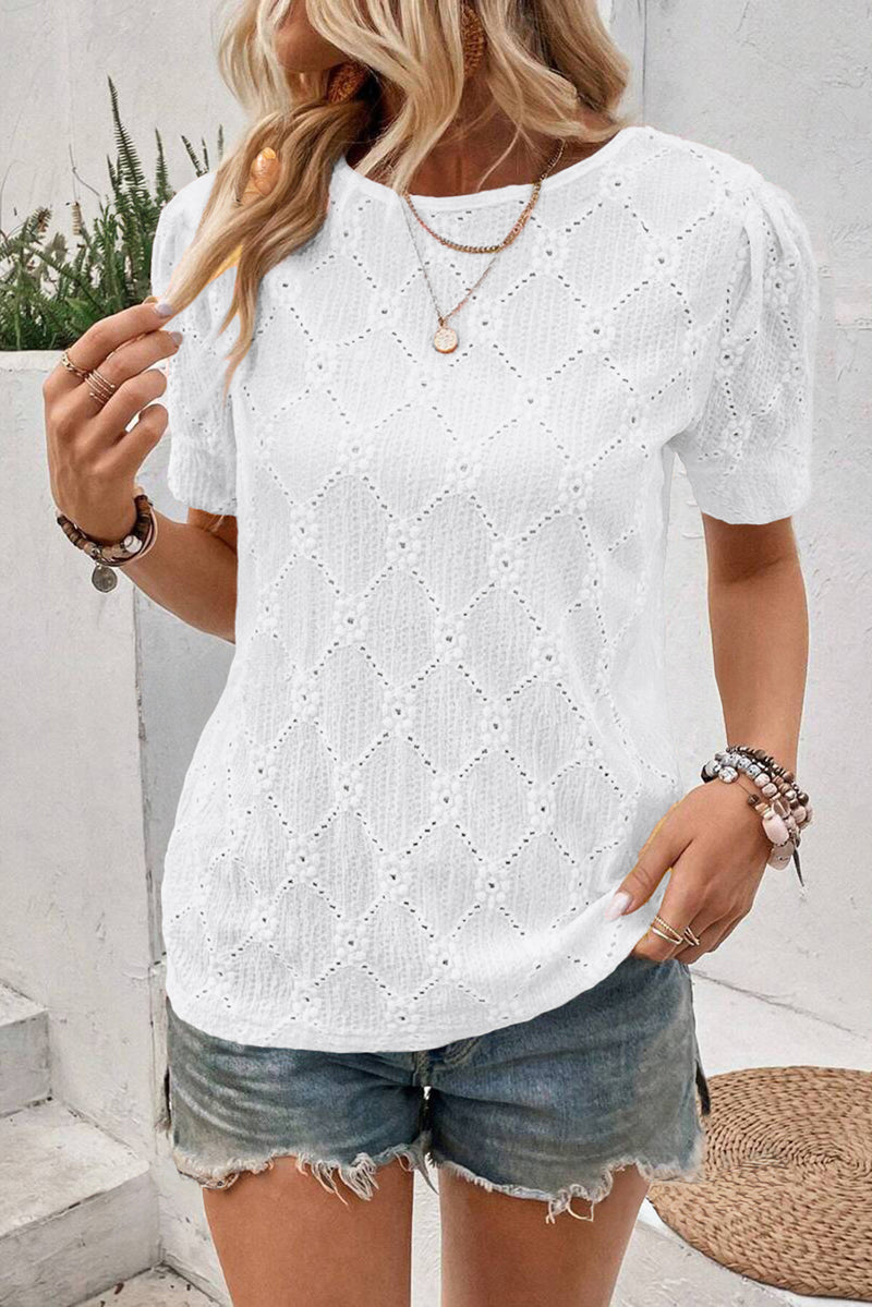 Flower Geometric Textured Button Short Sleeve Top