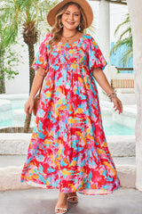 Abstract Printed Puff Sleeve Square Neck Smocked Bust Tied Back Plus Size Dress