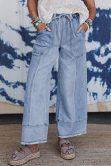 Blue Drawstring Seam Detail Raw Hem Wide Leg Denim Pants