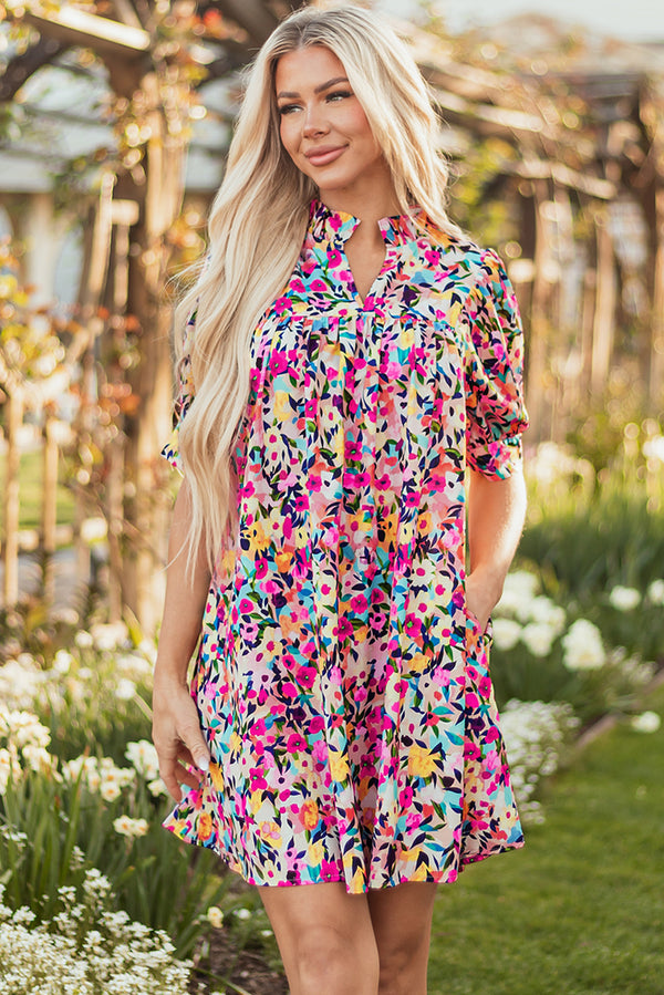 Floral Puff Short Sleeve V Neck Mini Dress