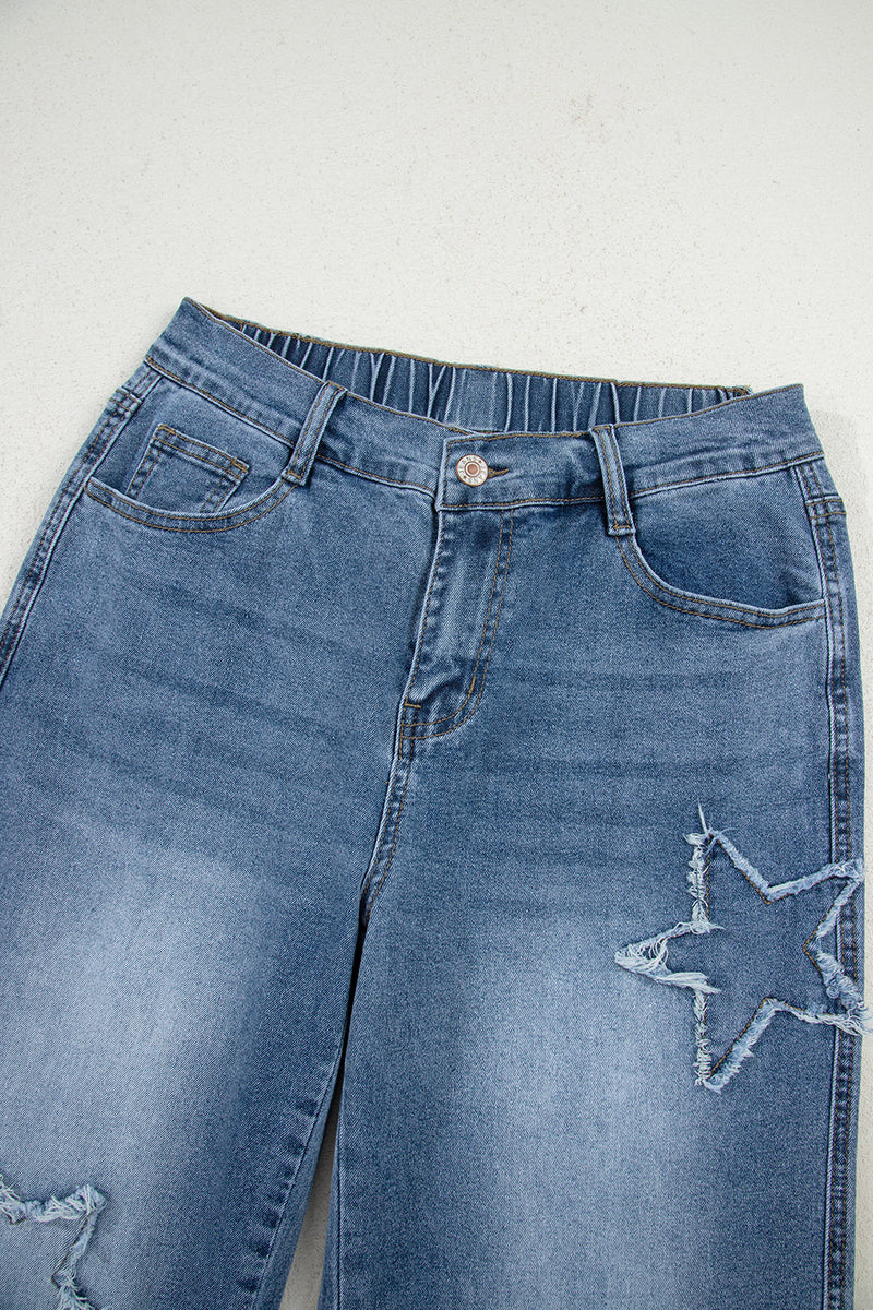 Star Patchwork Cropped Wide Leg High Waist Jeans