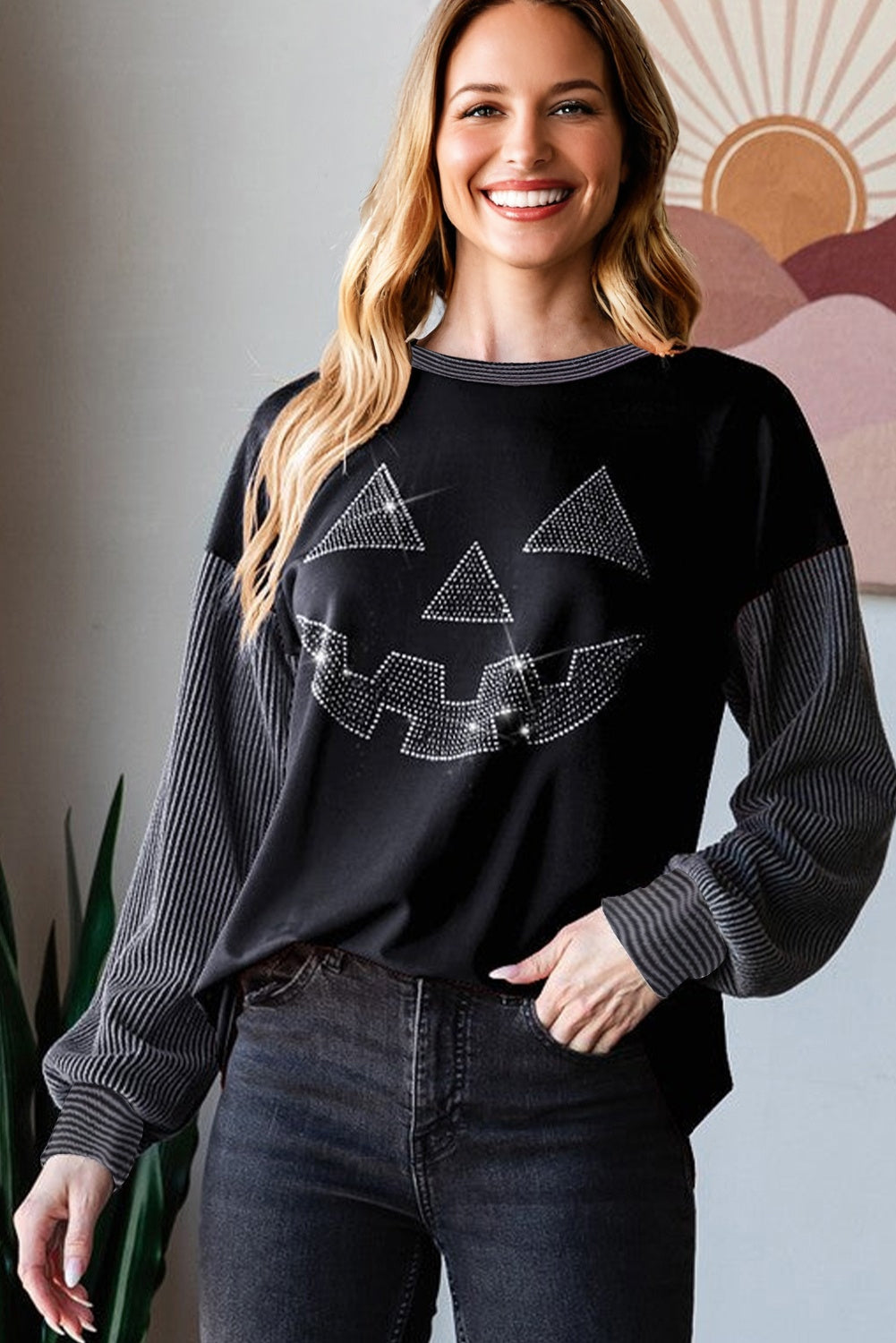 Halloween Rhinestone Pumpkin Face Contrast Ribbed Long Sleeve Patchwork Top