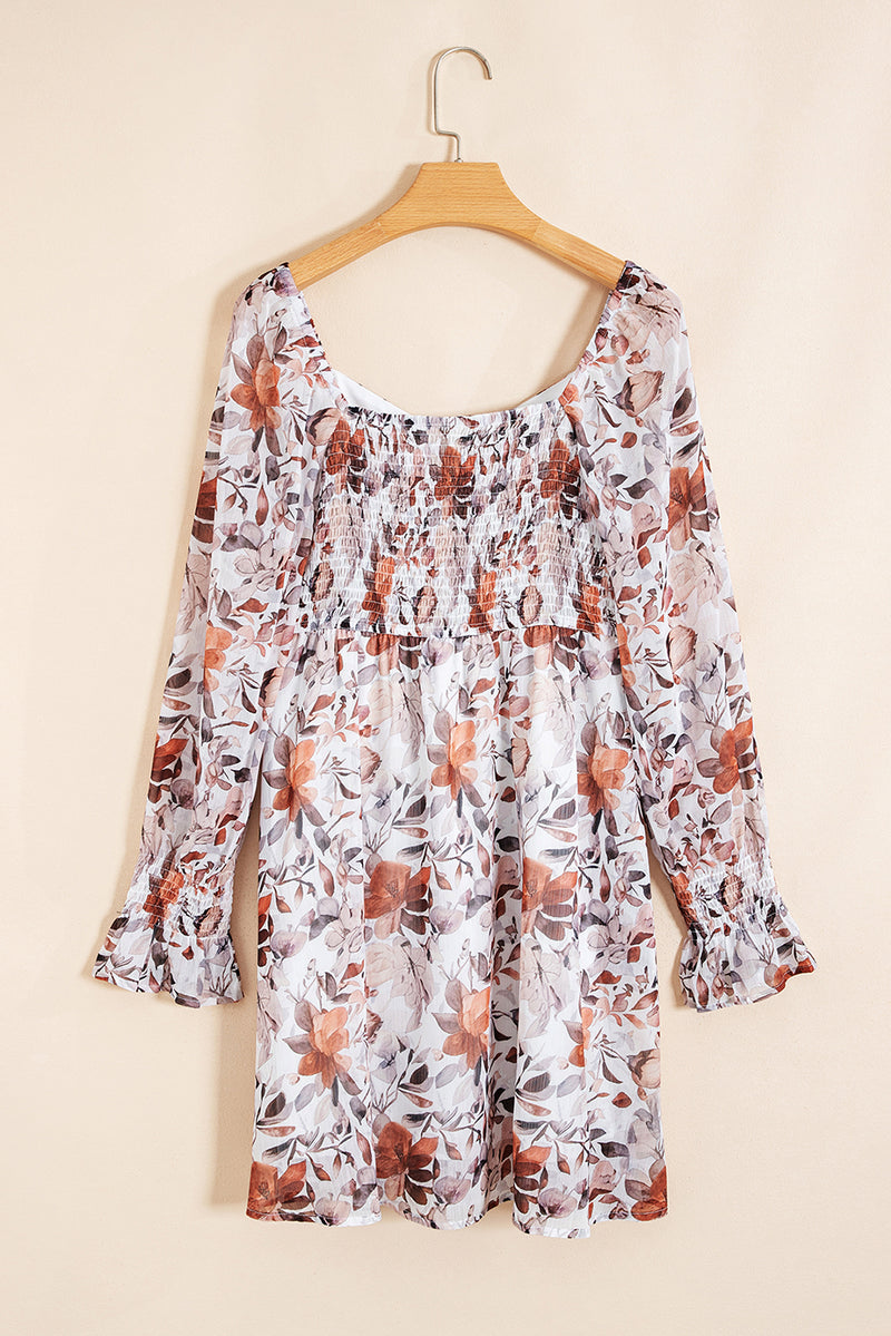 Floral Print Sweetheart Neck Long Sleeve High Waist Mini Dress