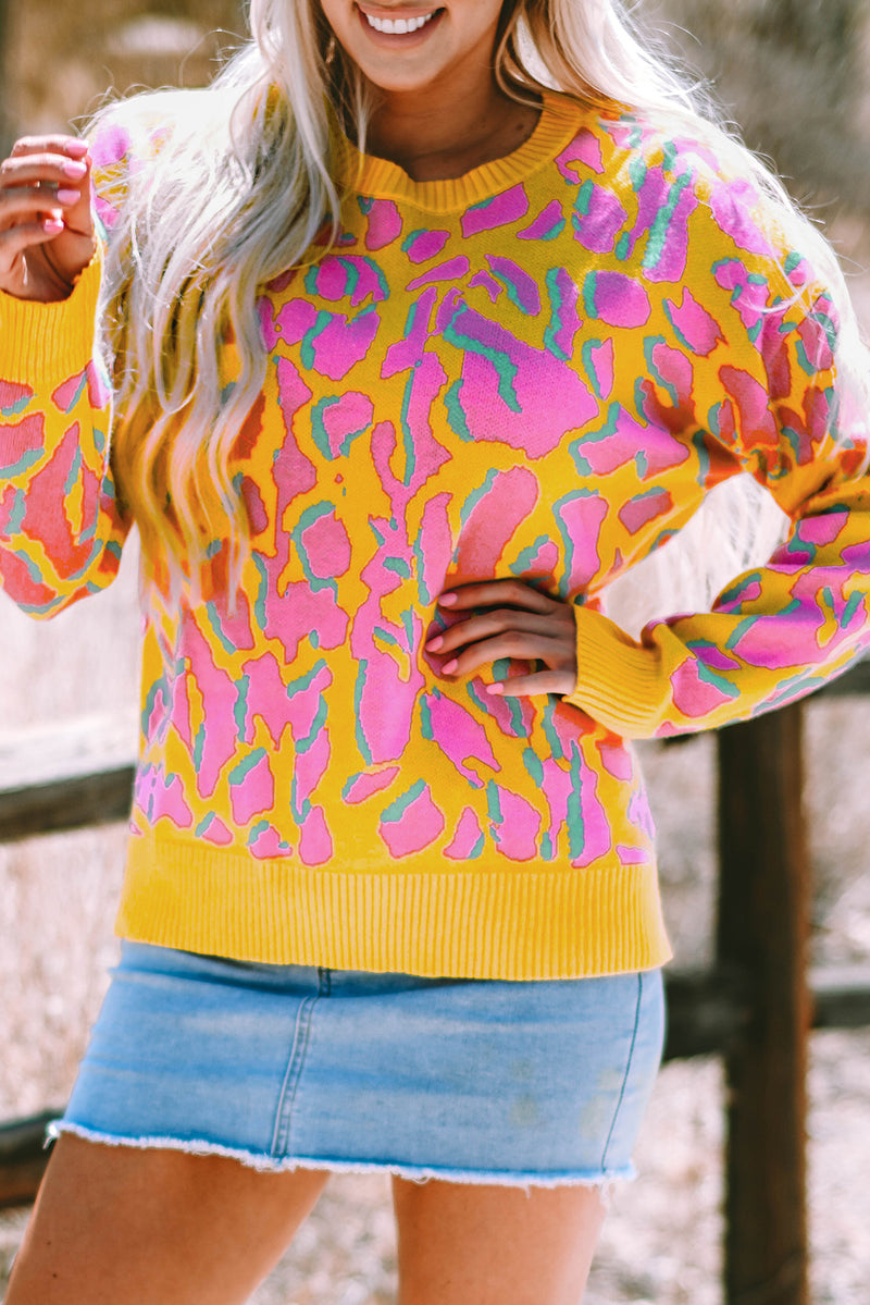 Multicoloured Abstract Print Ribbed Trim Baggy Sweater