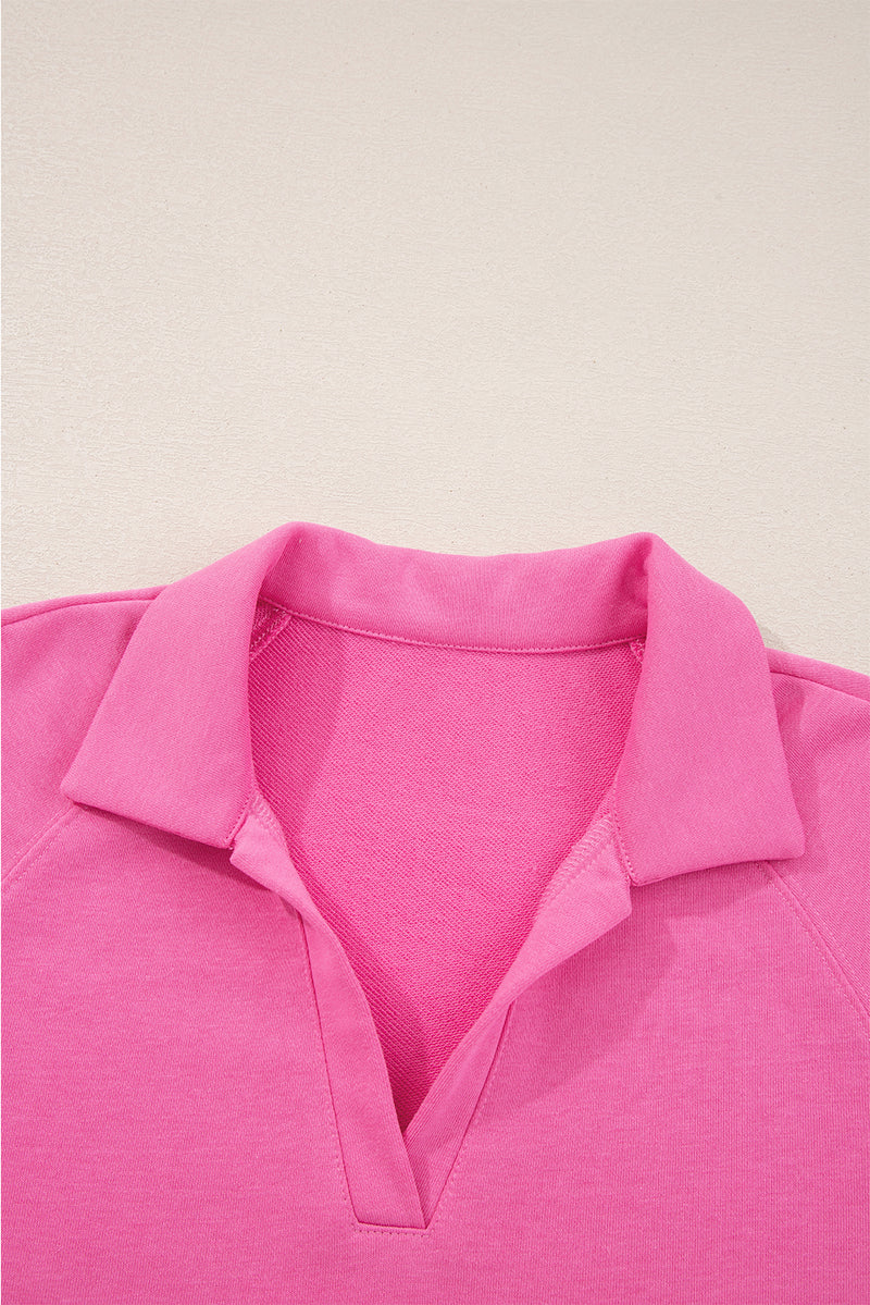 Bright Pink Solid Color Collared Pullover and Central Seam Pants Set
