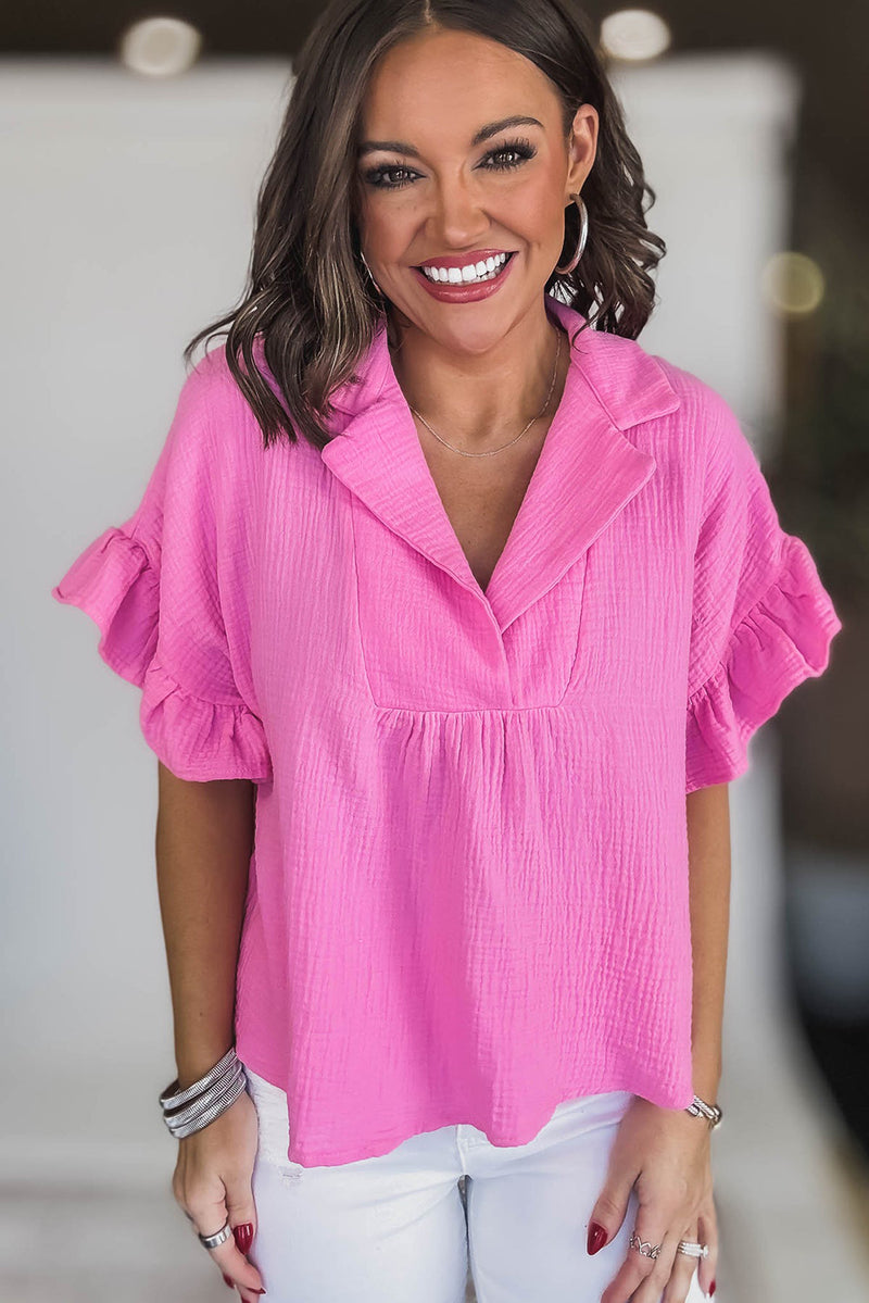 Textured Ruffled Sleeve Collared V Neck Loose Fit Top