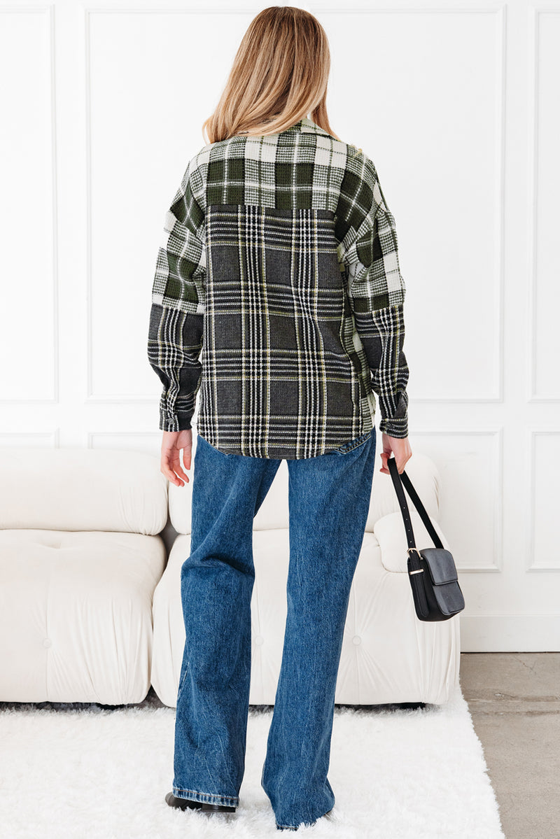 Plaid Print Textured Knit Buttoned Shacket
