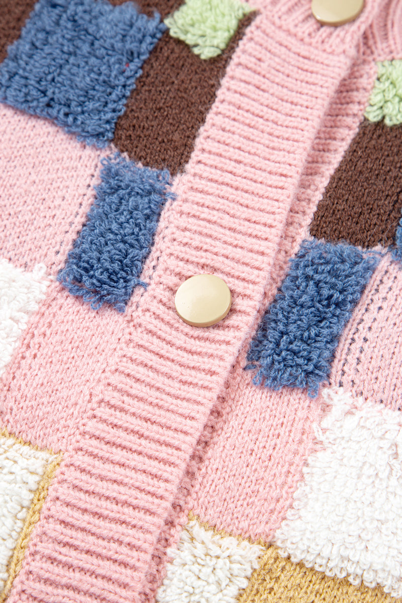 Multicolour Plush Checkered Pattern Button Front Cardigan Sweater
