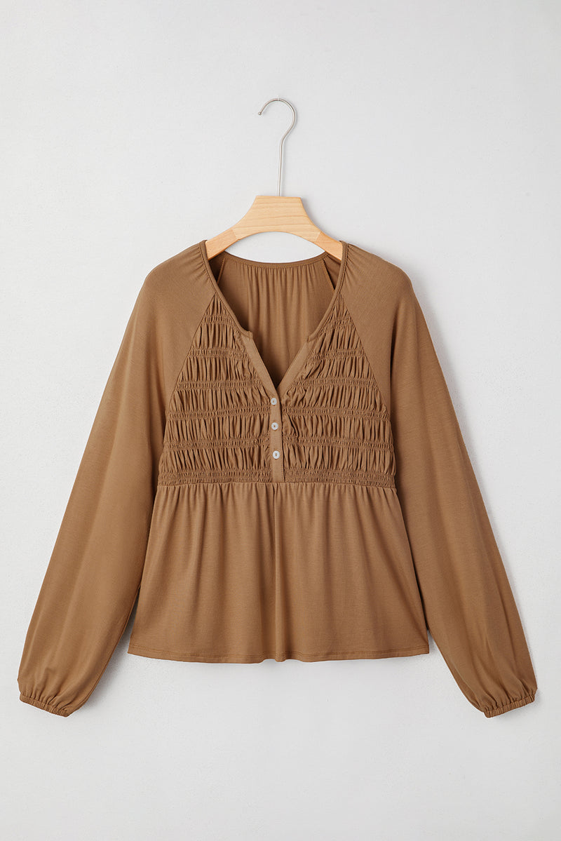 Chestnut Brown Smocked Bust Buttoned Split V Neck Flow Fit Blouse