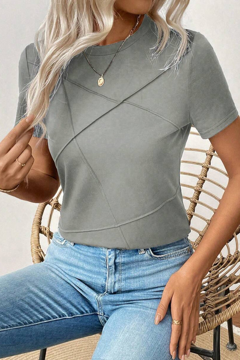 Solid Color Toothpick Stripe Round Neck T Shirt