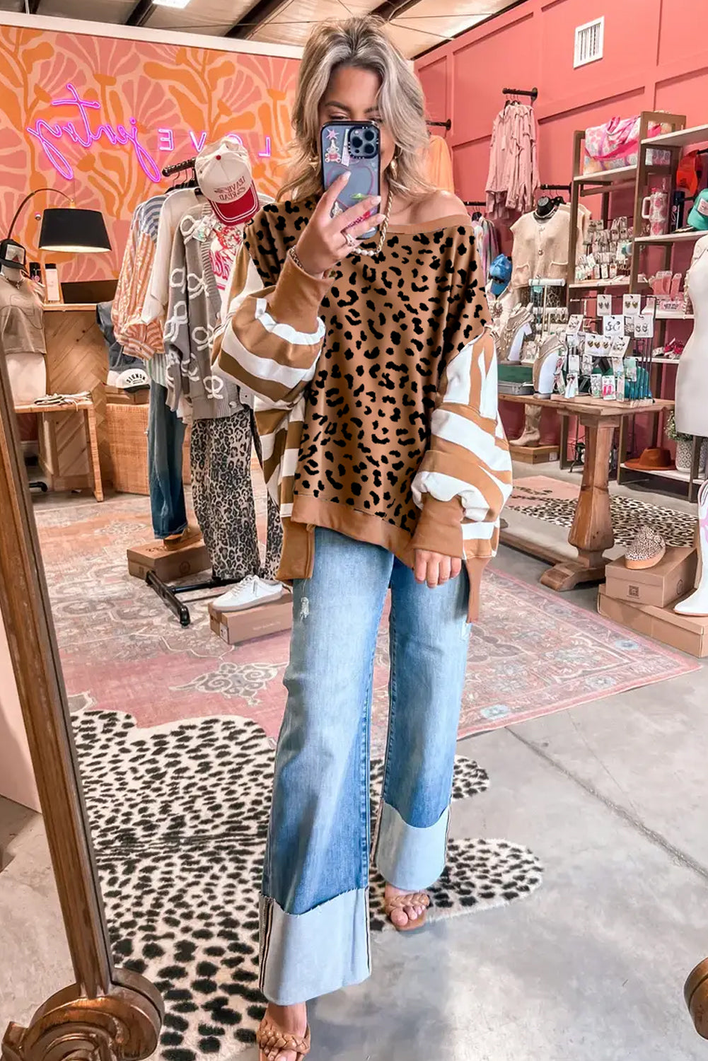 Stripe Color Block Patchwork Leopard Casual Sweatshirt with Slits