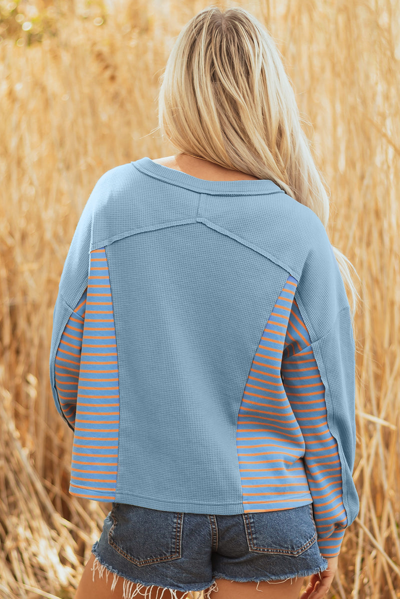Exposed Seam Waffle Striped Patchwork Baggy Pullover