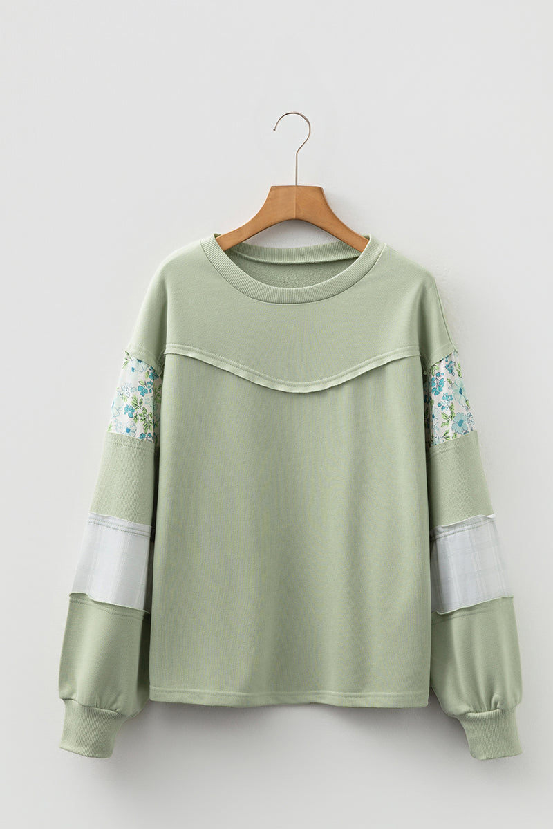 Floral Plaid Mixed Sleeve Raw Edge Relaxed French Terry Top