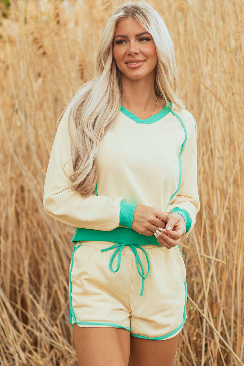 Contrast Trim Colorblock Long Sleeve Pullover and Drawstring Shorts 2pcs Outfit