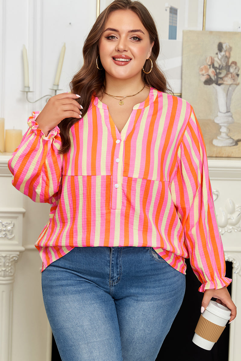 Stripe Crinkled Half Buttons V Neck Plus Size Blouse
