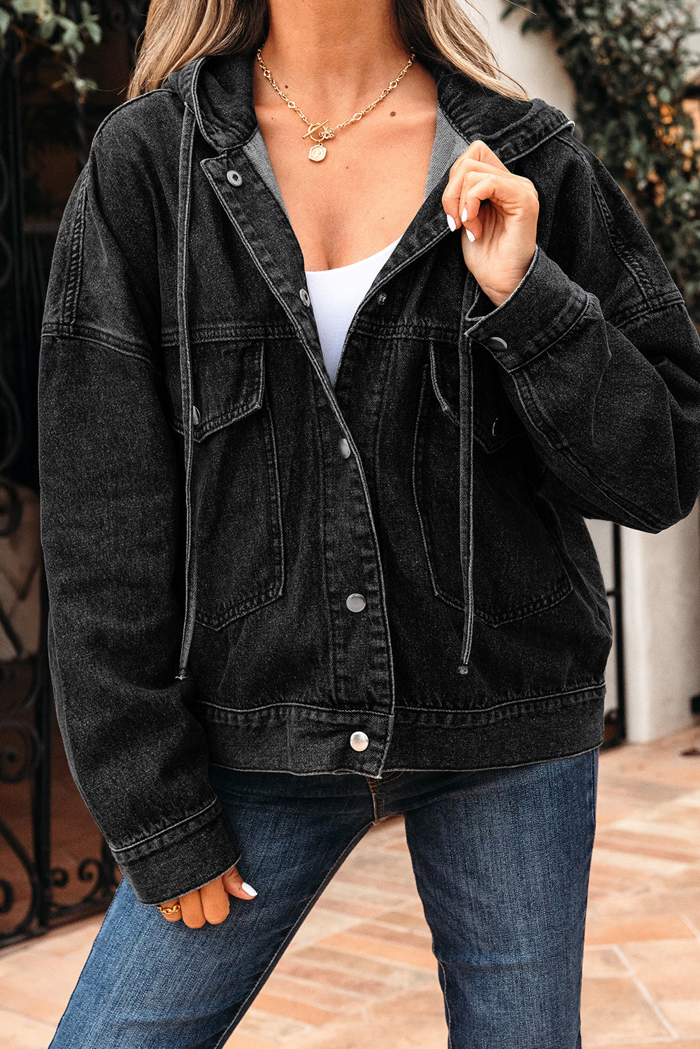 Big Chest Pocket Drop Shoulder Hooded Denim Jacket