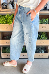 Flower Patched Light Wash Cropped High Waist Jeans