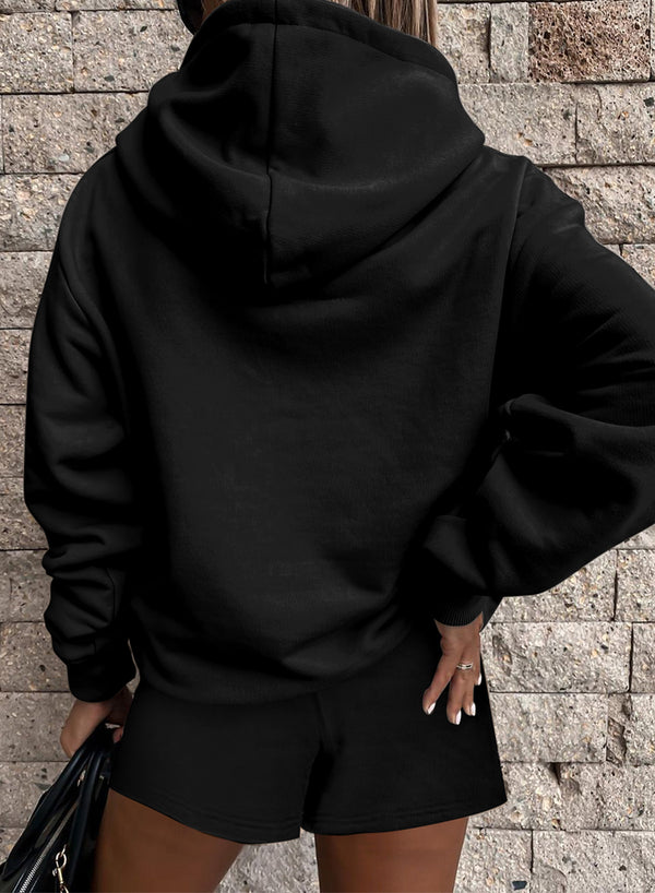 Solid Button Drawstring Hooded Pullover and Casual Short Set
