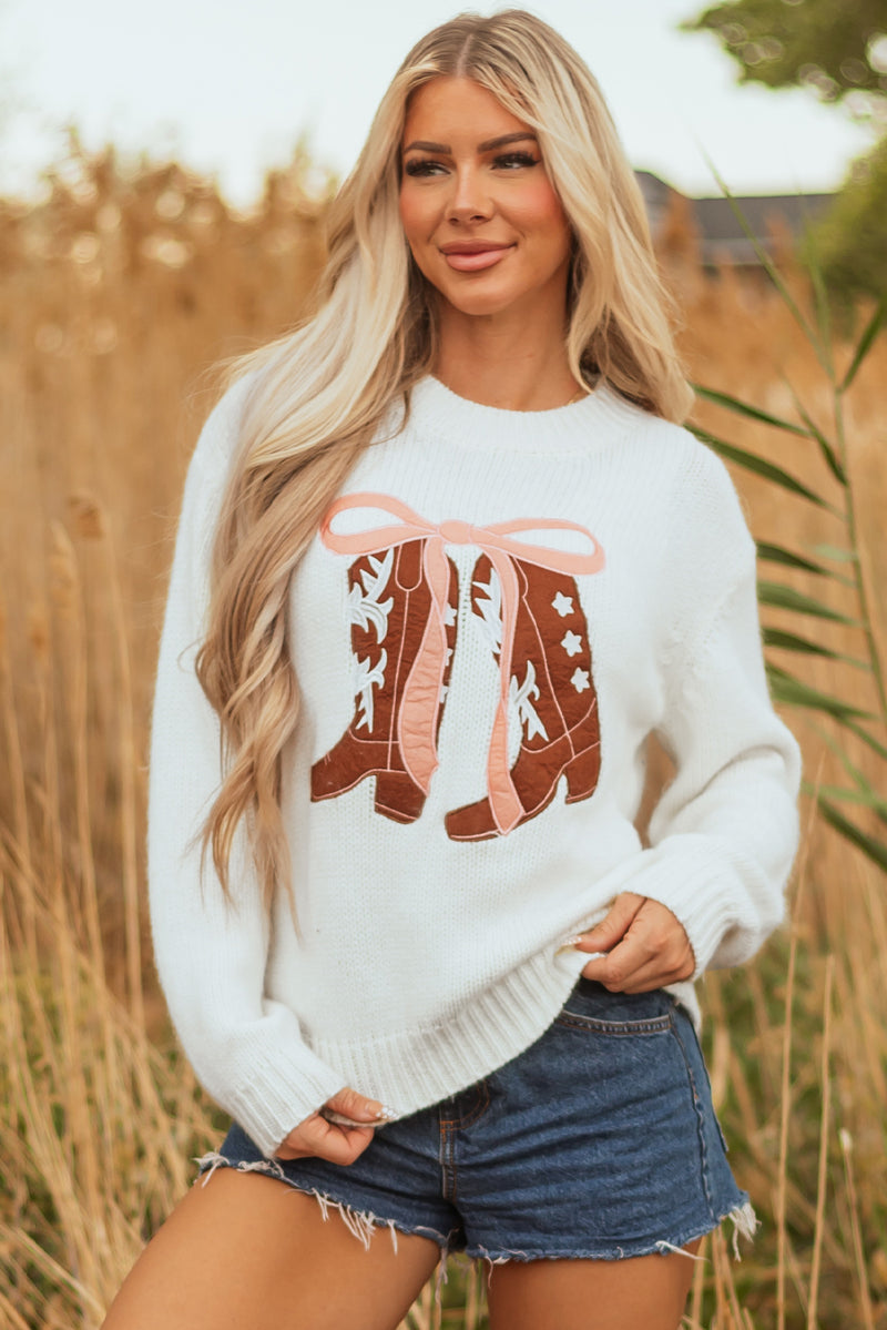 Embroidered Bow Boots Graphic Drop Shoulder Sweater