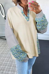 Floral Striped Drop Sleeve Collared Boxy Fit Sweatshirt
