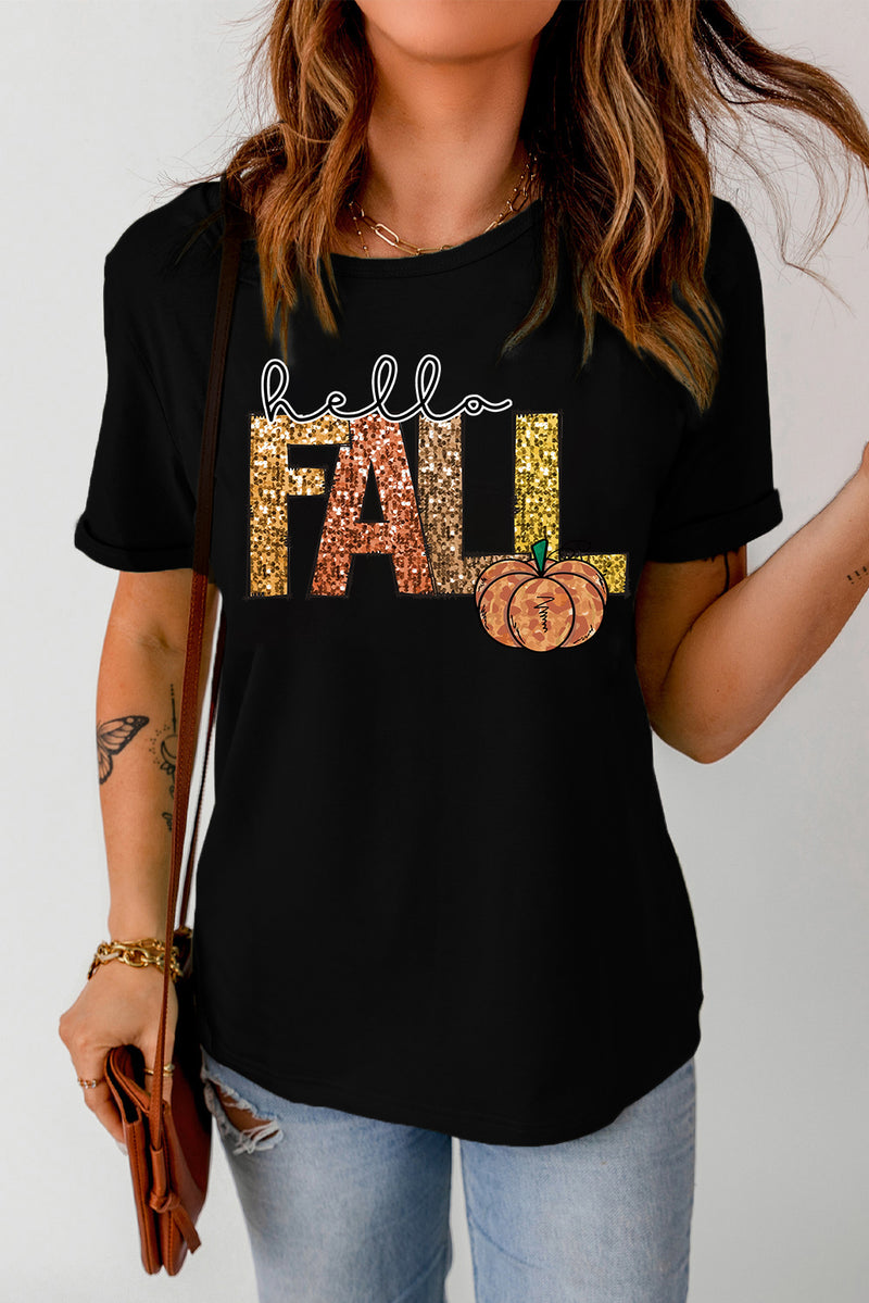 Hello Fall Letter Pumpkin Printed Thanksgiving T Shirt