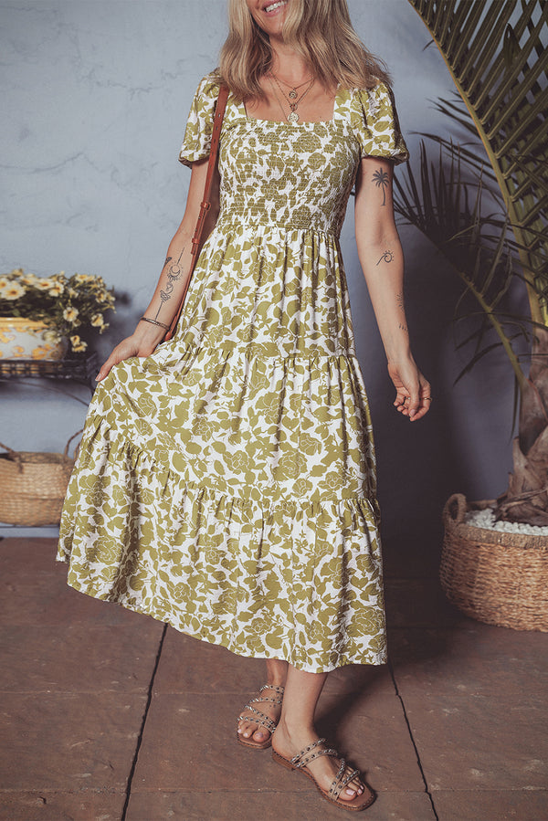Boho Floral Square Neck Smocked Bust Puff Sleeve Tiered Long Dress