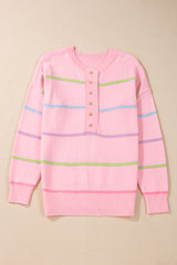 Stripes Drop Shoulder Baggy Henley Sweater
