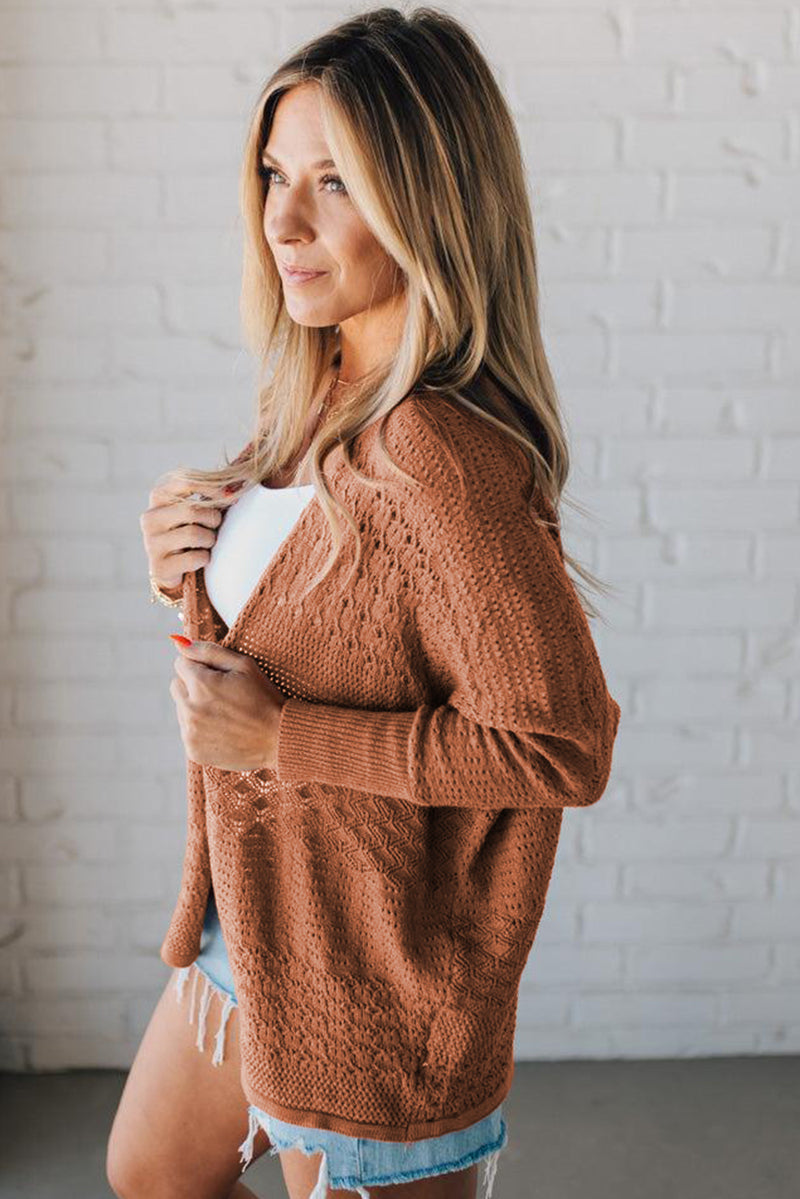 Brown Mix Pattern Hollowed Knit Open Front Cardigan