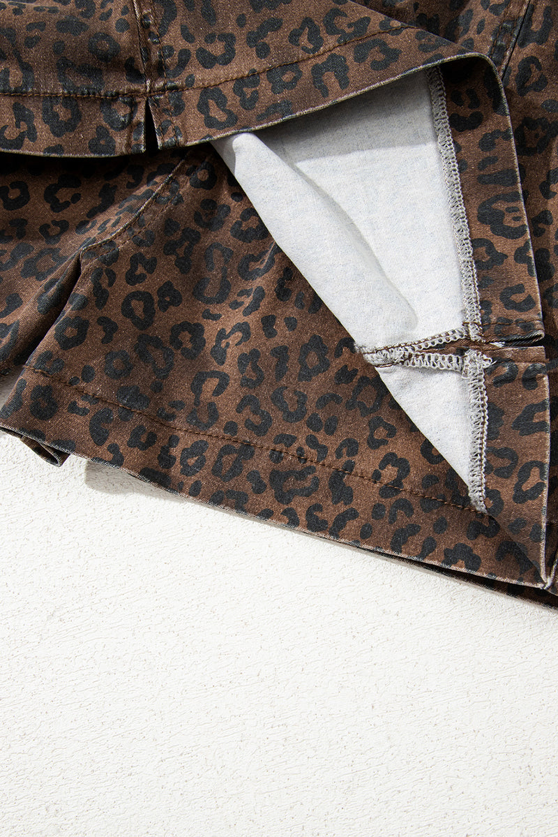Leopard Print Elastic Waist Drawstring Denim Skort