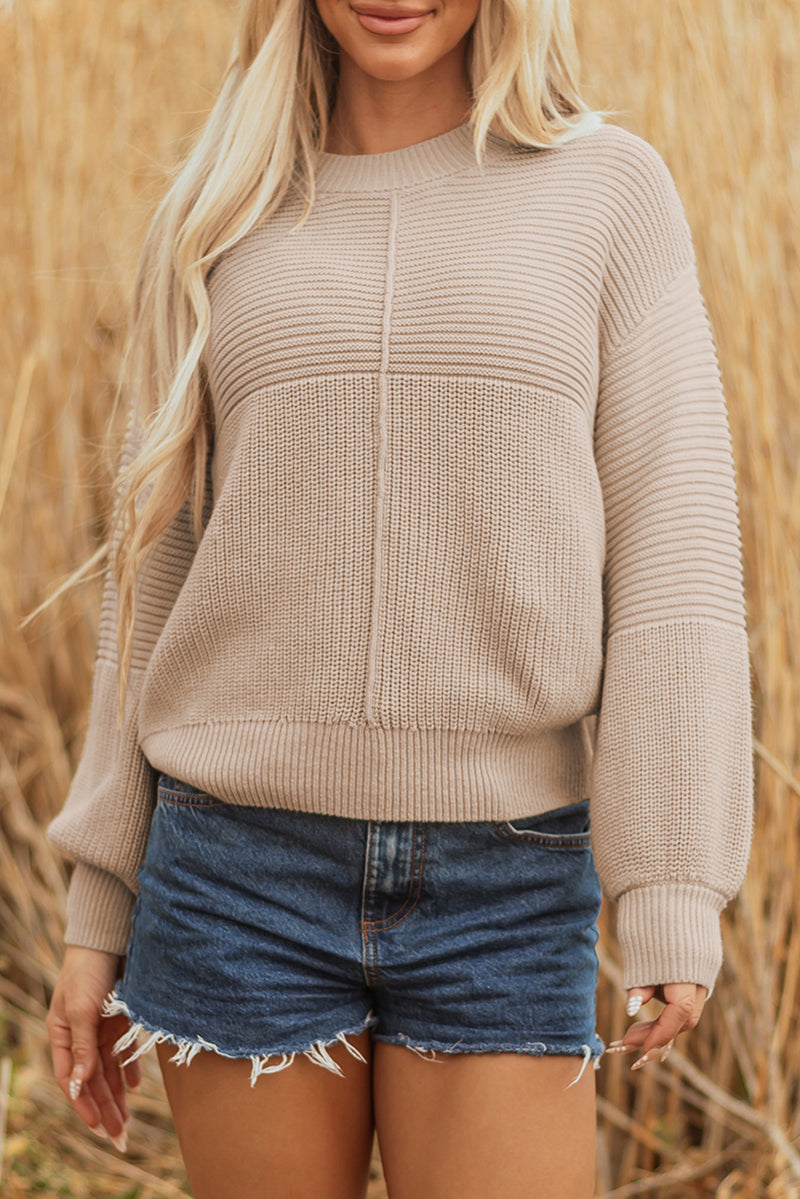 Parchment Mixed Texture Patchwork Knitted Puff Sleeve Sweater