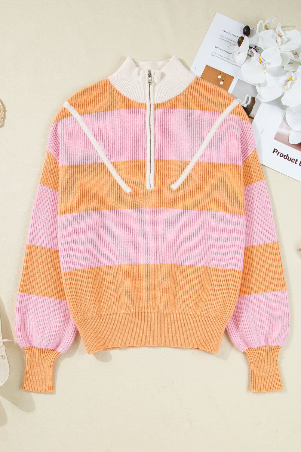 Stripe Colorblock Half Zip Oversize Sweater