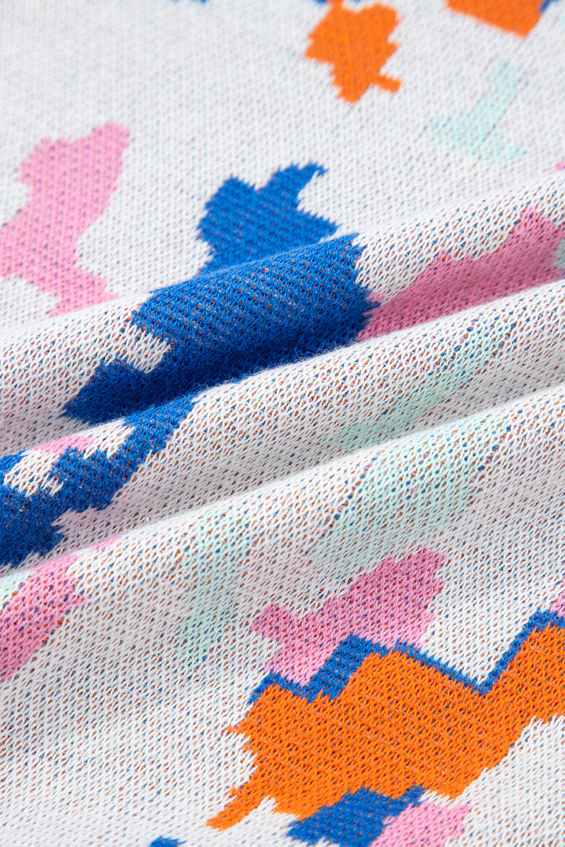 Multicolour Abstract Pattern Knit Contrast Striped Trim Short Sleeve Sweater