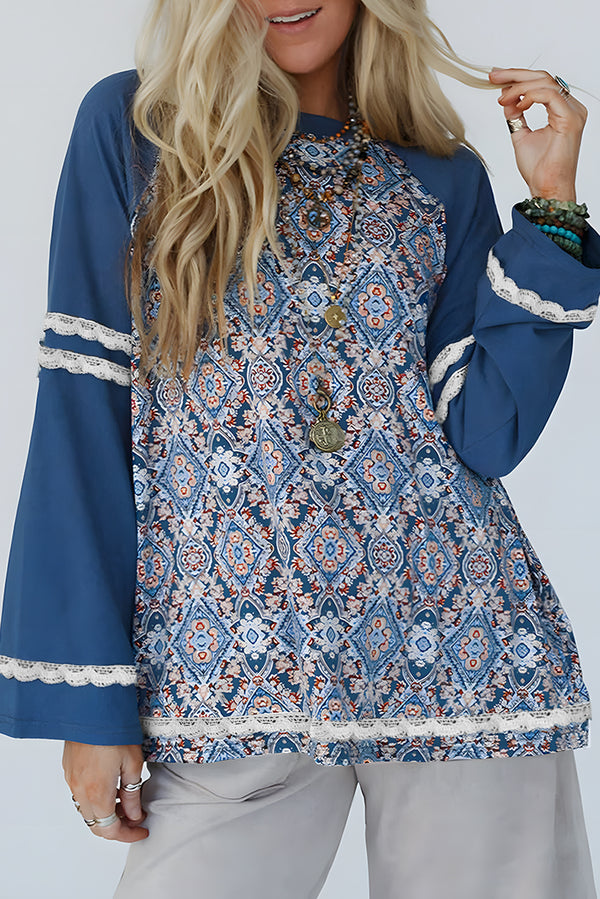 Geometric Printed Lace Patchwork Ric Rac Raglan Long Sleeve Top