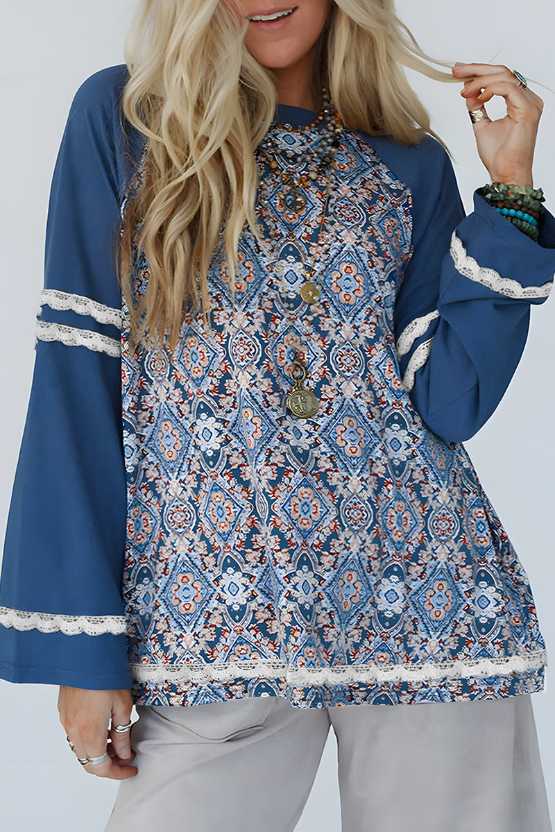 Geometric Printed Lace Patchwork Ric Rac Raglan Long Sleeve Top