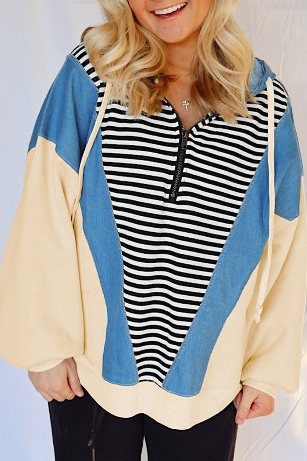 Stripe Denim Color Block Quarter Zip Baggy Drawstring Hoodie