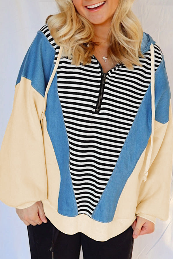 Stripe Denim Color Block Quarter Zip Baggy Drawstring Hoodie