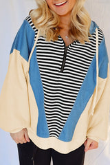 Stripe Denim Color Block Quarter Zip Baggy Drawstring Hoodie