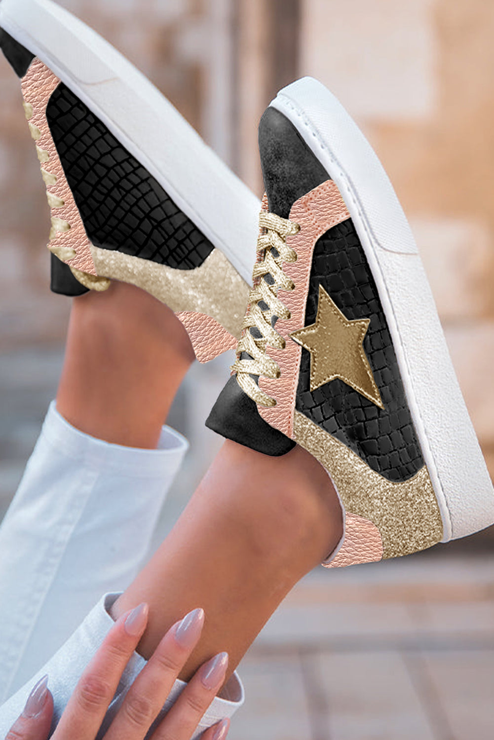 Glitter Star Patchwork PU Leather Lace-up Sneakers