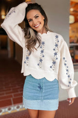 Floral Embroidered Scallop Hem Cropped Sweater