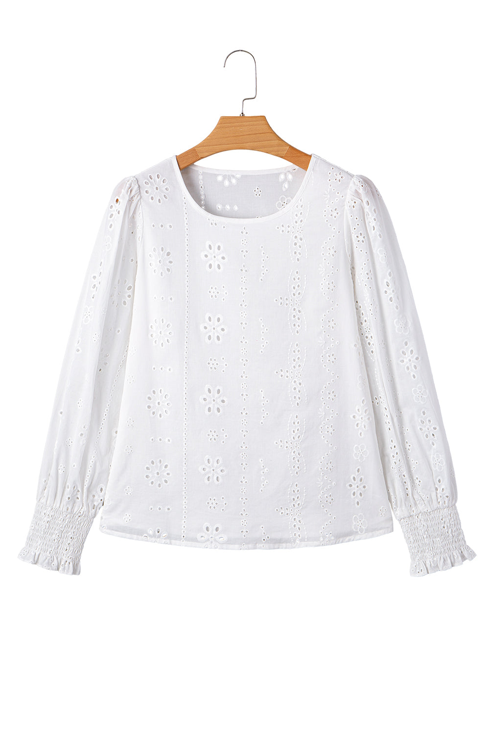 Eyelet Embroidered Smocked Cuff Sheer Blouse