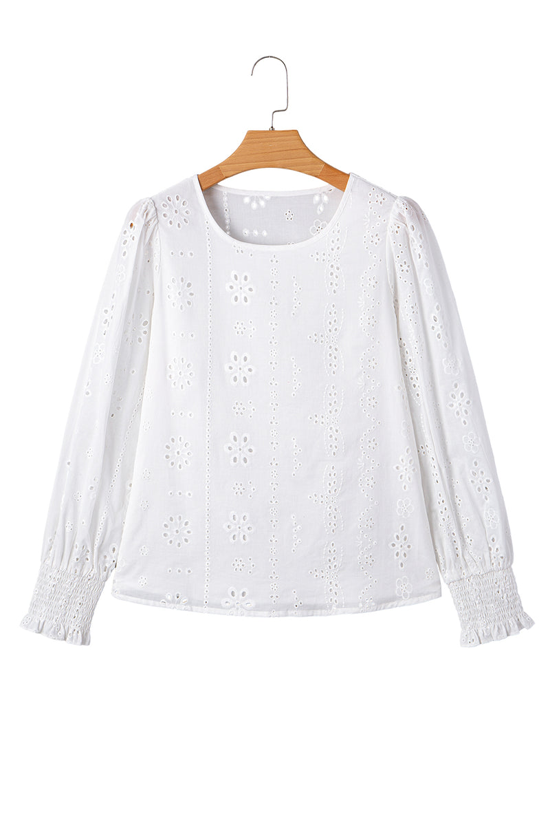 Eyelet Embroidered Smocked Cuff Sheer Blouse