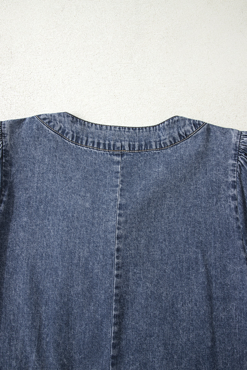 3/4 Sleeve Tied V Neck Pleated Denim Mini Dress