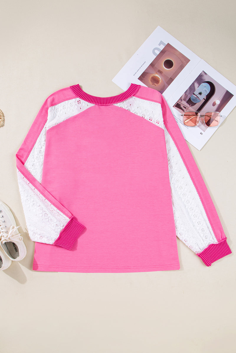 Lace Striped Patchwork Long Sleeve Corded V Neck Plus Size Top