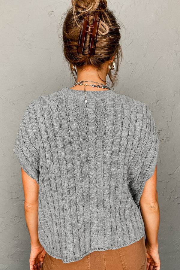 Solid Crew Neck Cable Knit Short Sleeve Sweater