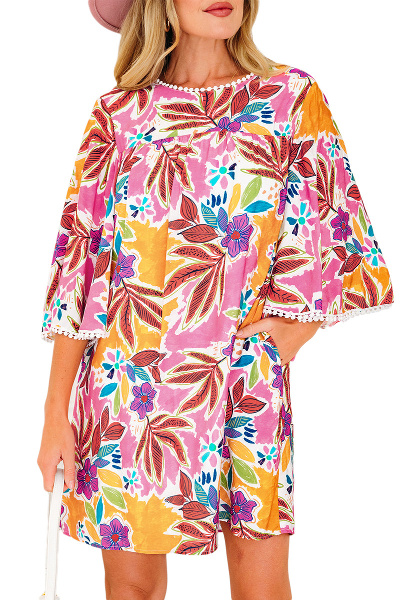 Floral Print Lace Trimmed Tie Back Bell Sleeve Swing Mini Dress