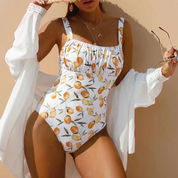 Fruit Print Smocked One-Piece Swimsuit with Tie Straps
