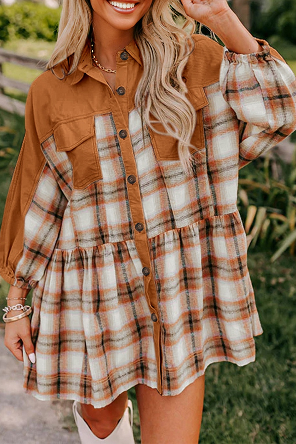 Plaid Color Block Patchwork Ruffle Hem Tunic Shirt Dress