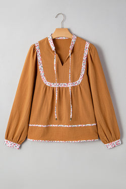 Split Neck Pleated Floral Trim Long Puff Sleeve Blouse