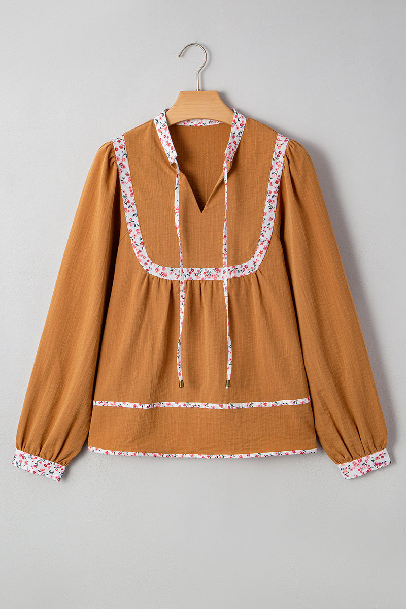 Split Neck Pleated Floral Trim Long Puff Sleeve Blouse